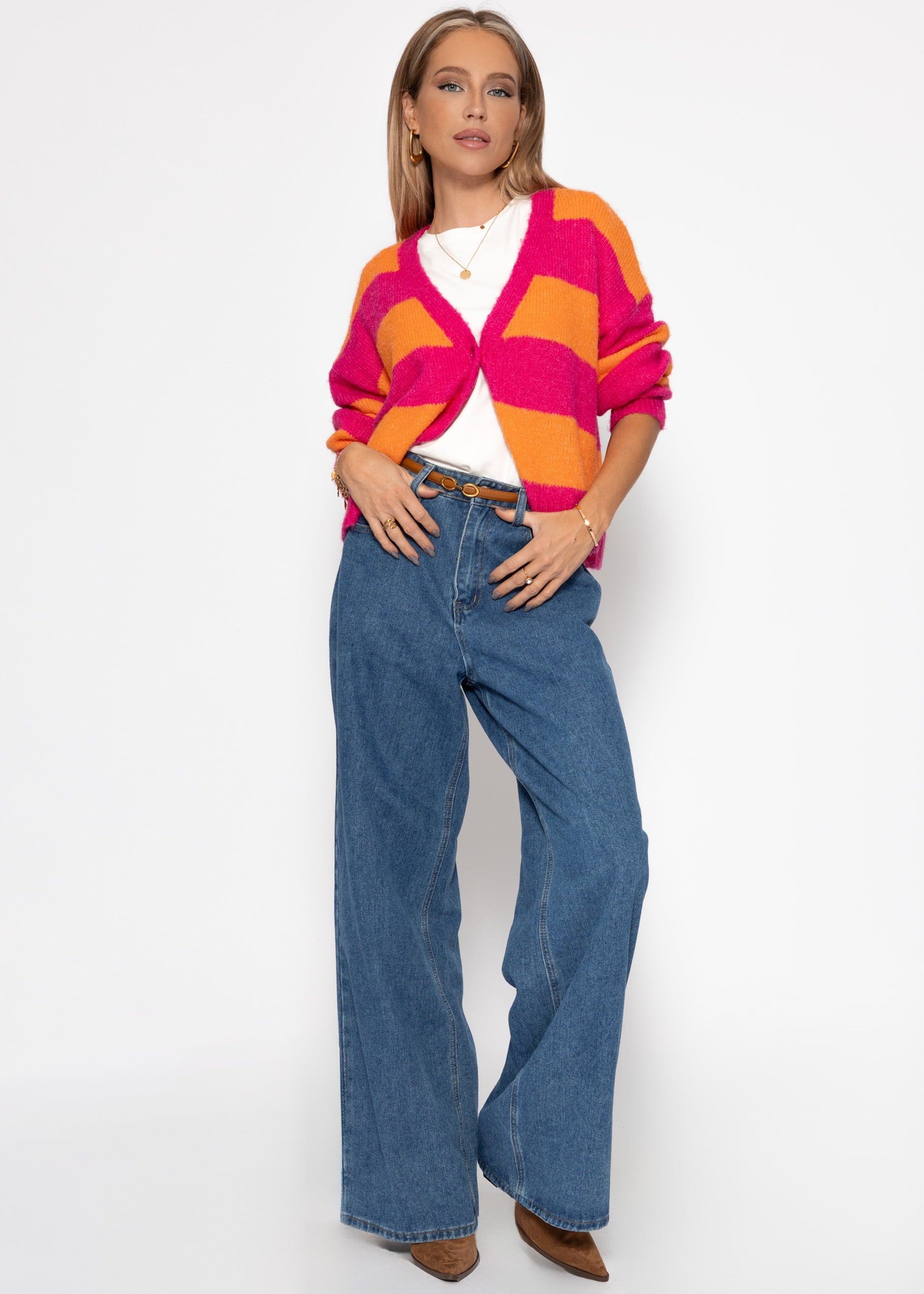 Cardigan mit Blockstreifen und V-Ausschnitt - pink