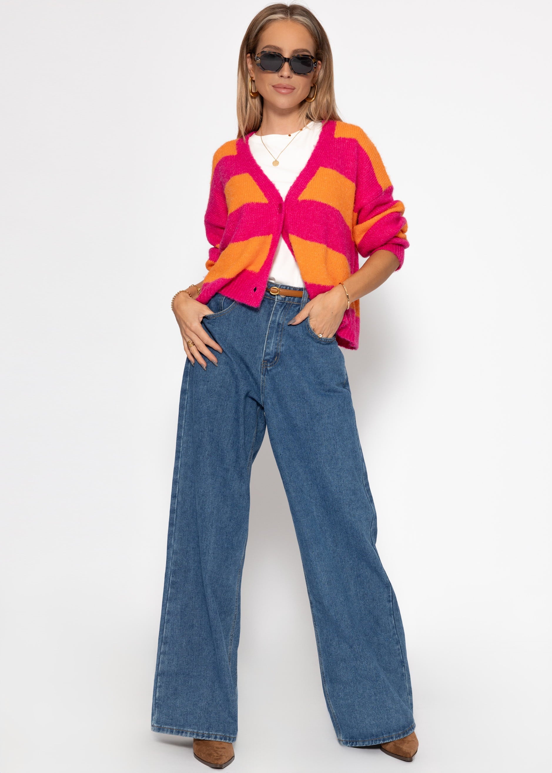 Cardigan mit Blockstreifen und V-Ausschnitt - pink