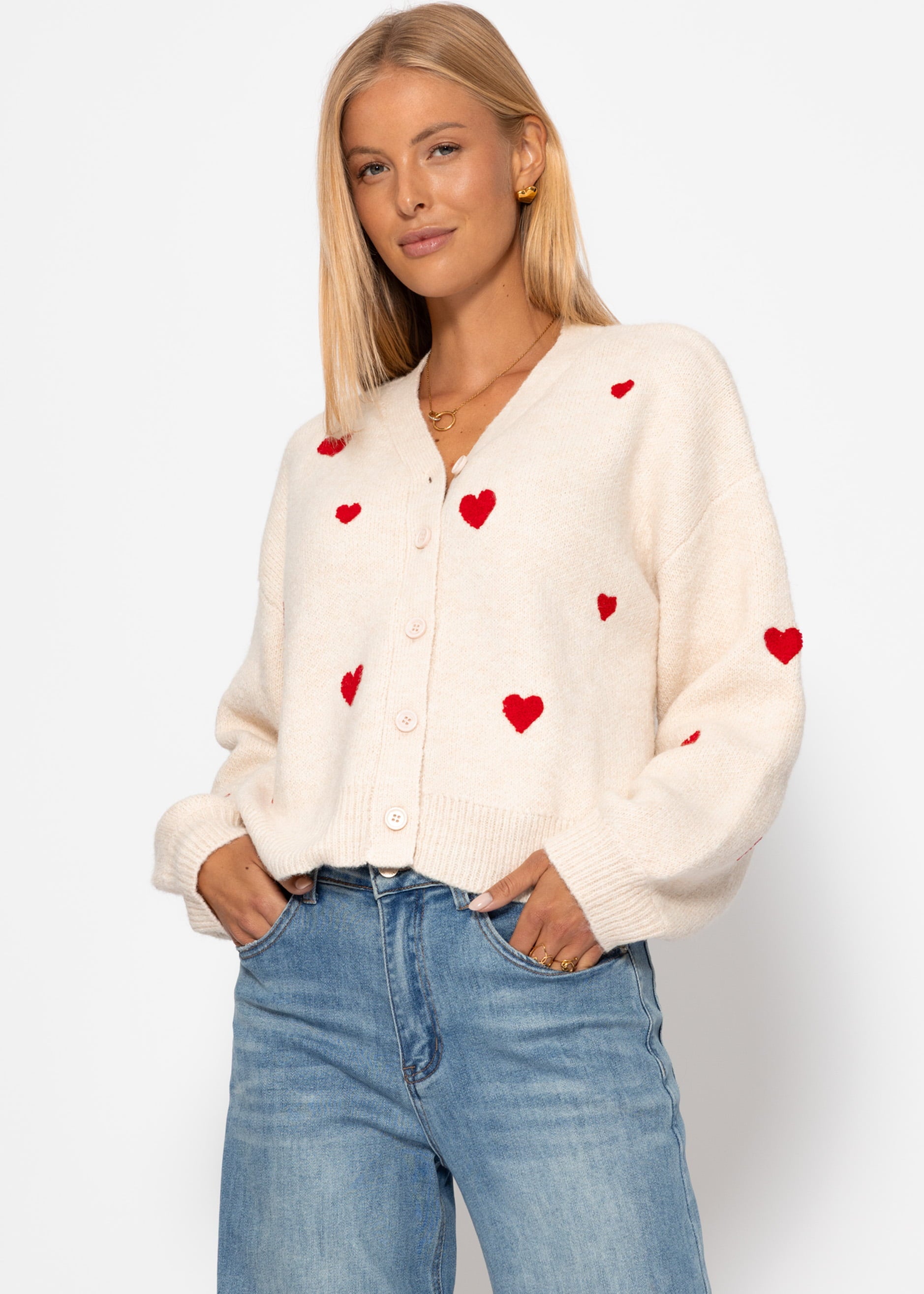 Cardigan mit roten Herzen - offwhite