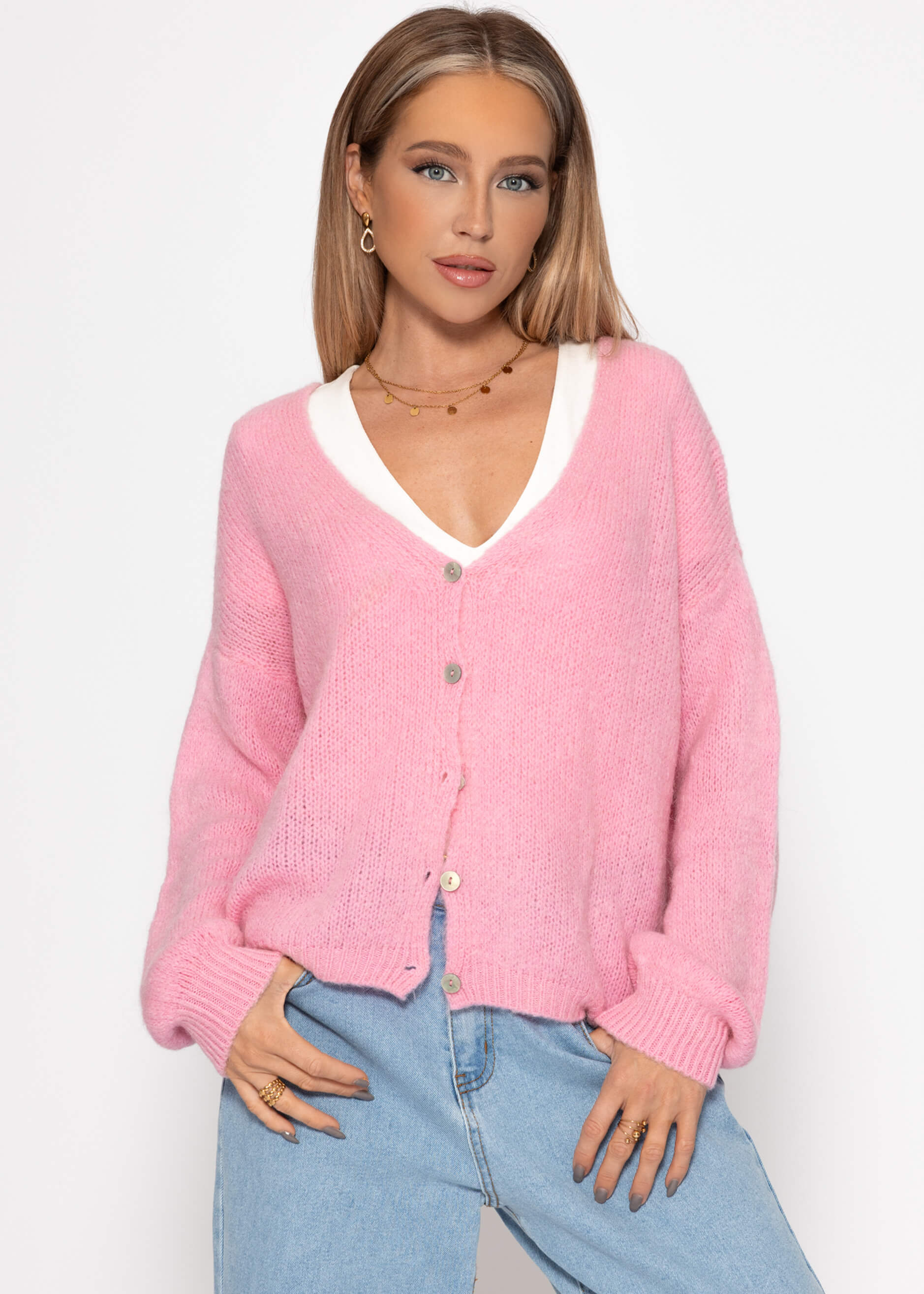 Cardigan mit V-Ausschnitt und Knopfleiste - rosa