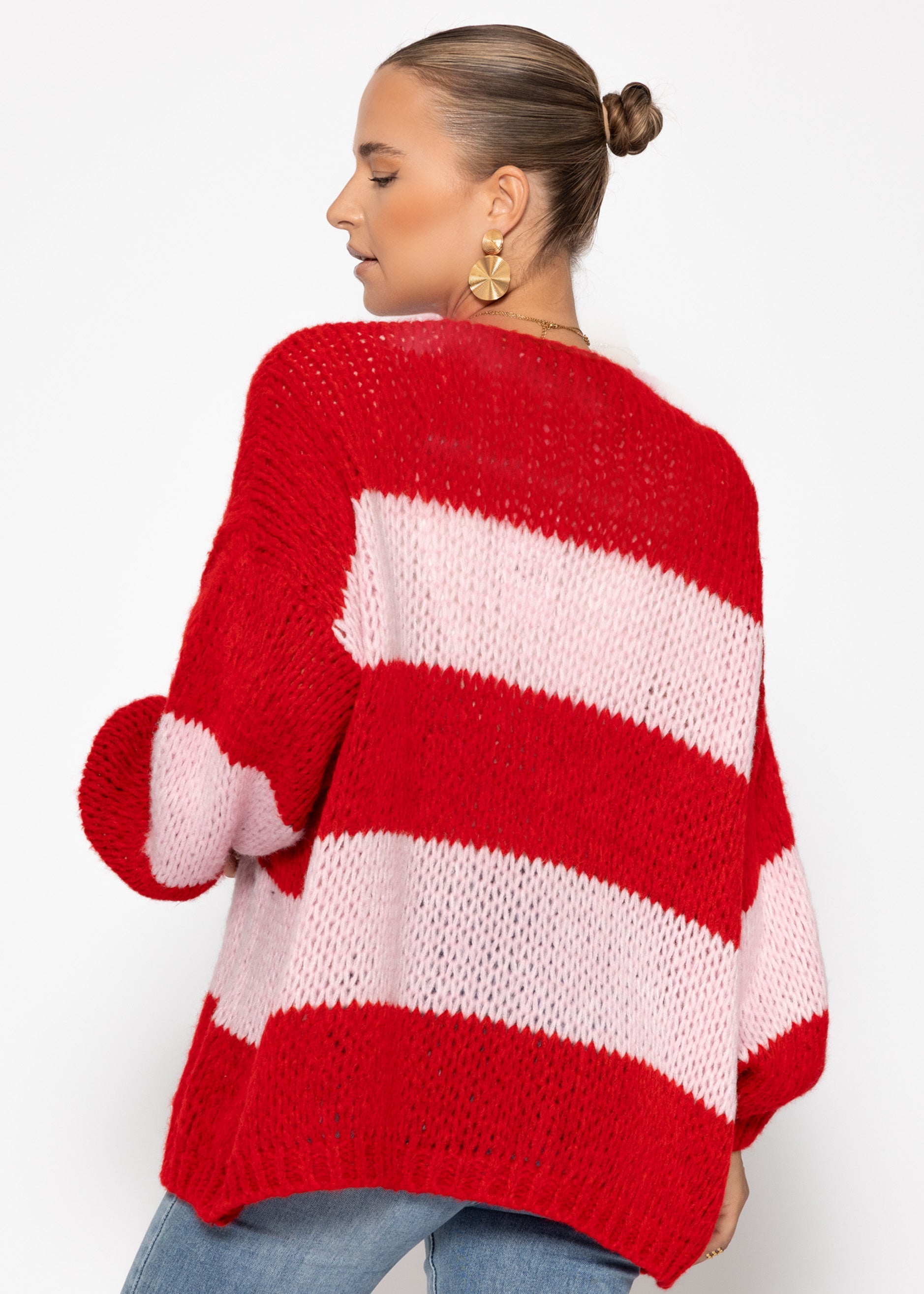 Gestreifter Oversize-Cardigan – Rosa-Rot