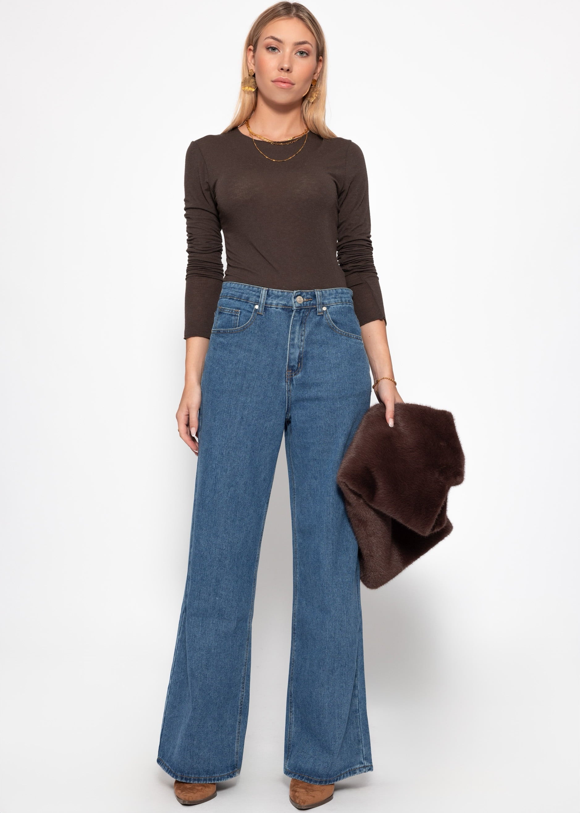 Highwaist Jeans mit diagonalem Reißverschluss - blau