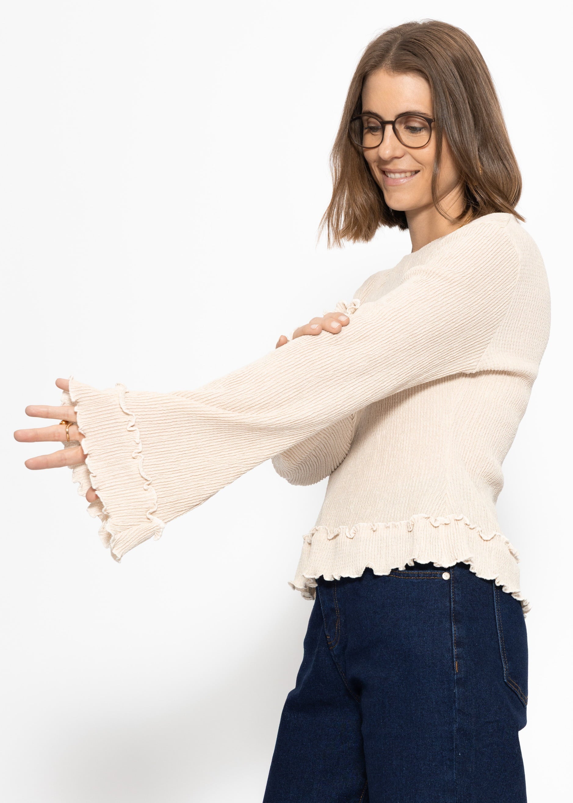 Langarmshirt mit Volants - beige