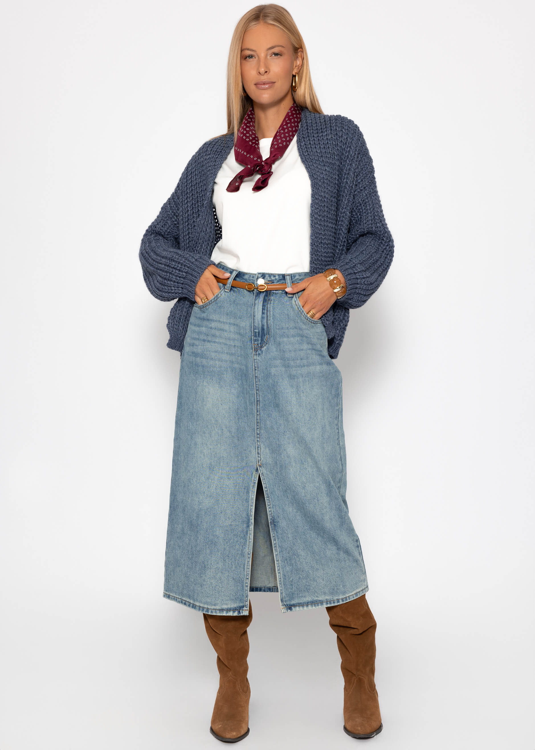 Offener Grobstrick-Cardigan - blau