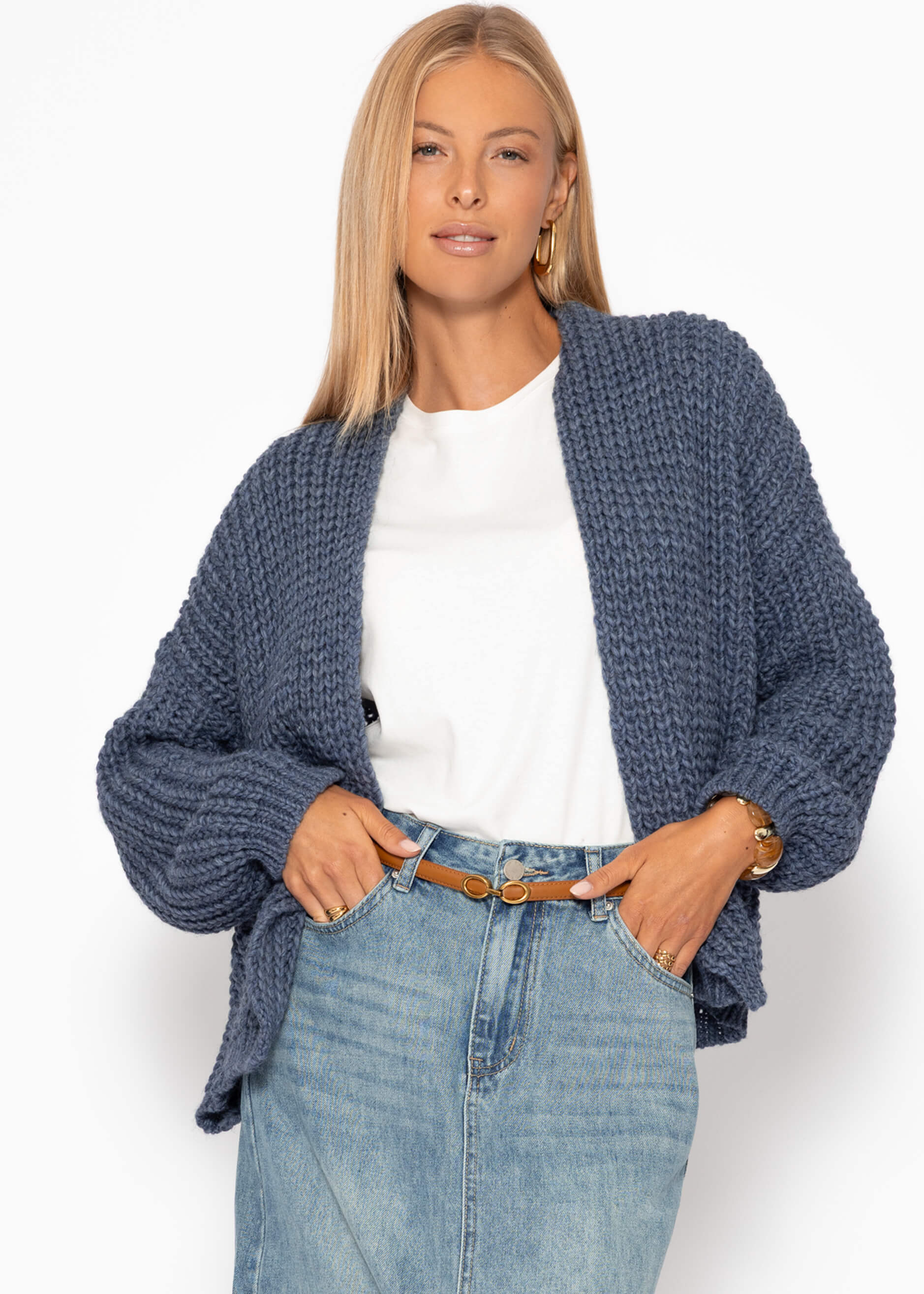 Offener Grobstrick-Cardigan - blau