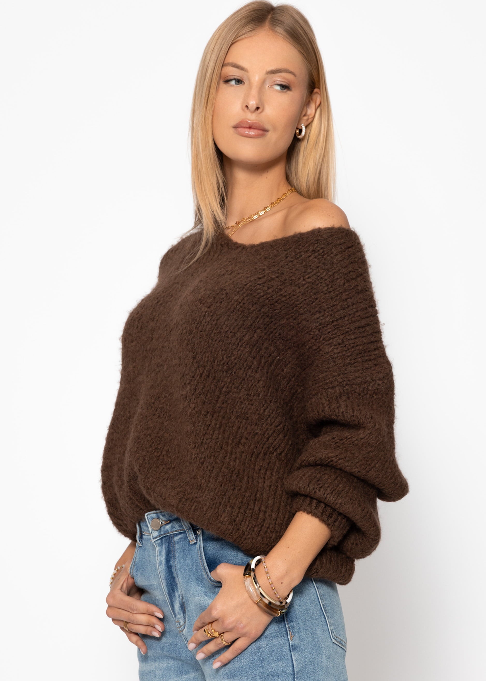 Oversize Pullover mit V-Ausschnitt - braun