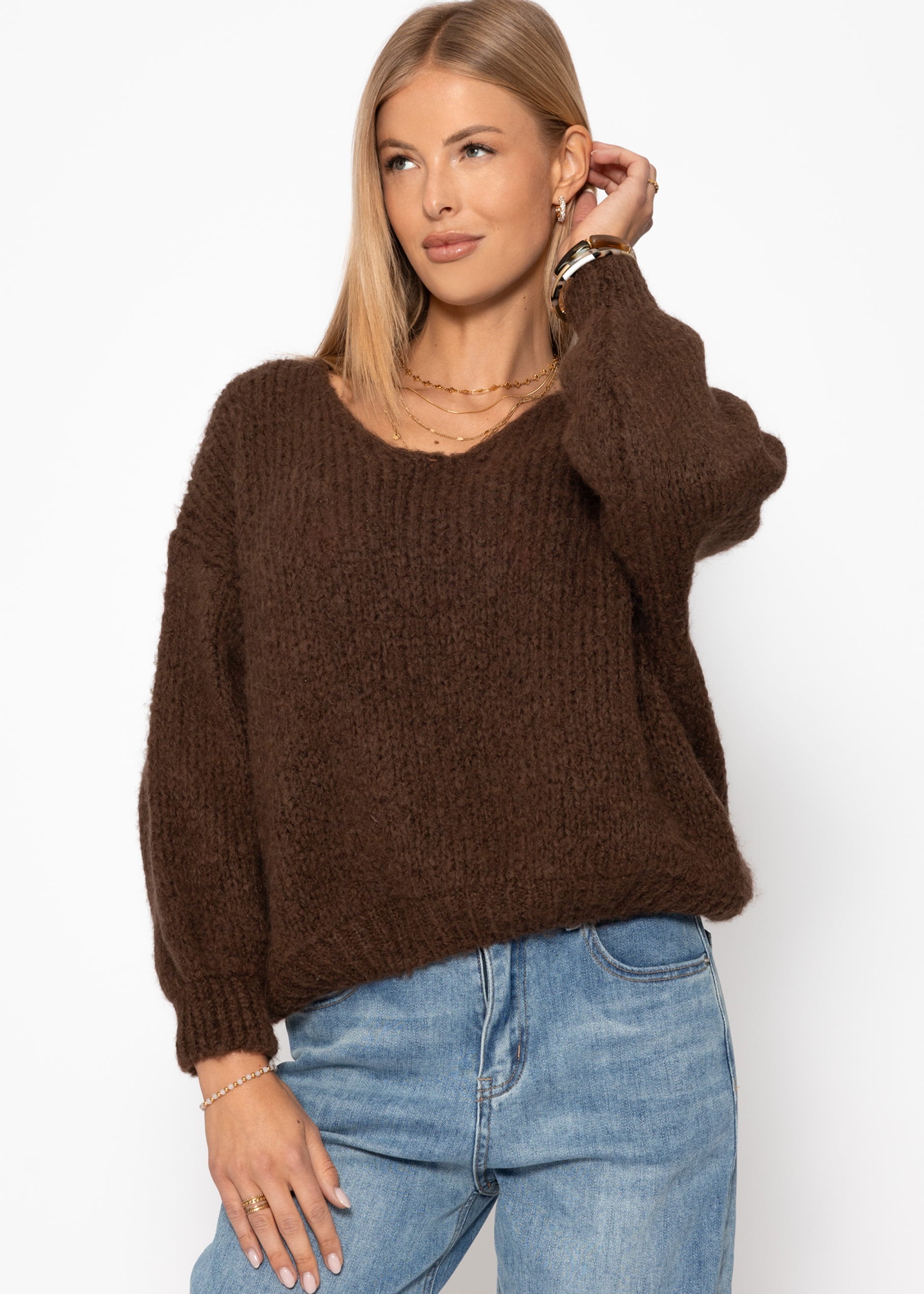 Oversize Pullover mit V-Ausschnitt - braun