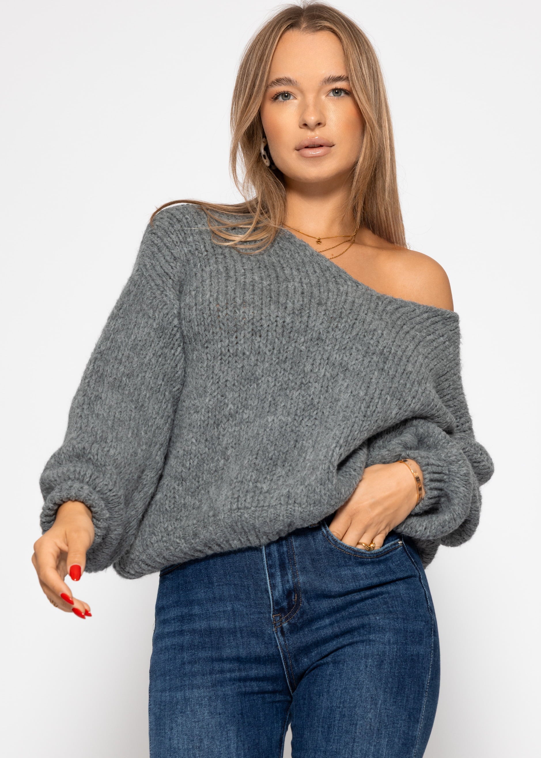Oversize Pullover mit V-Ausschnitt - dunkelgrau