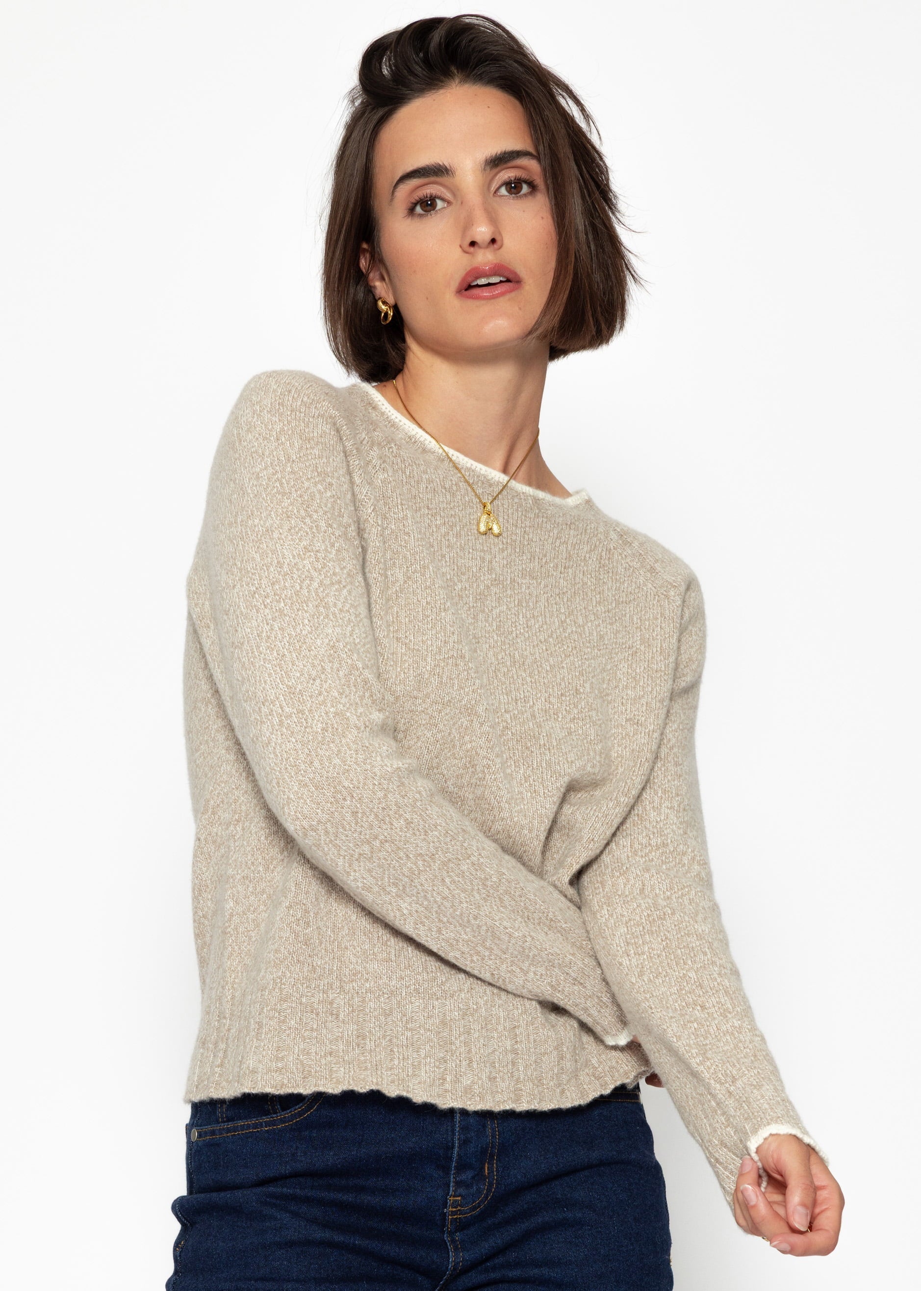 Pullover mit Raglanärmeln und kontrastierenden Details – beige