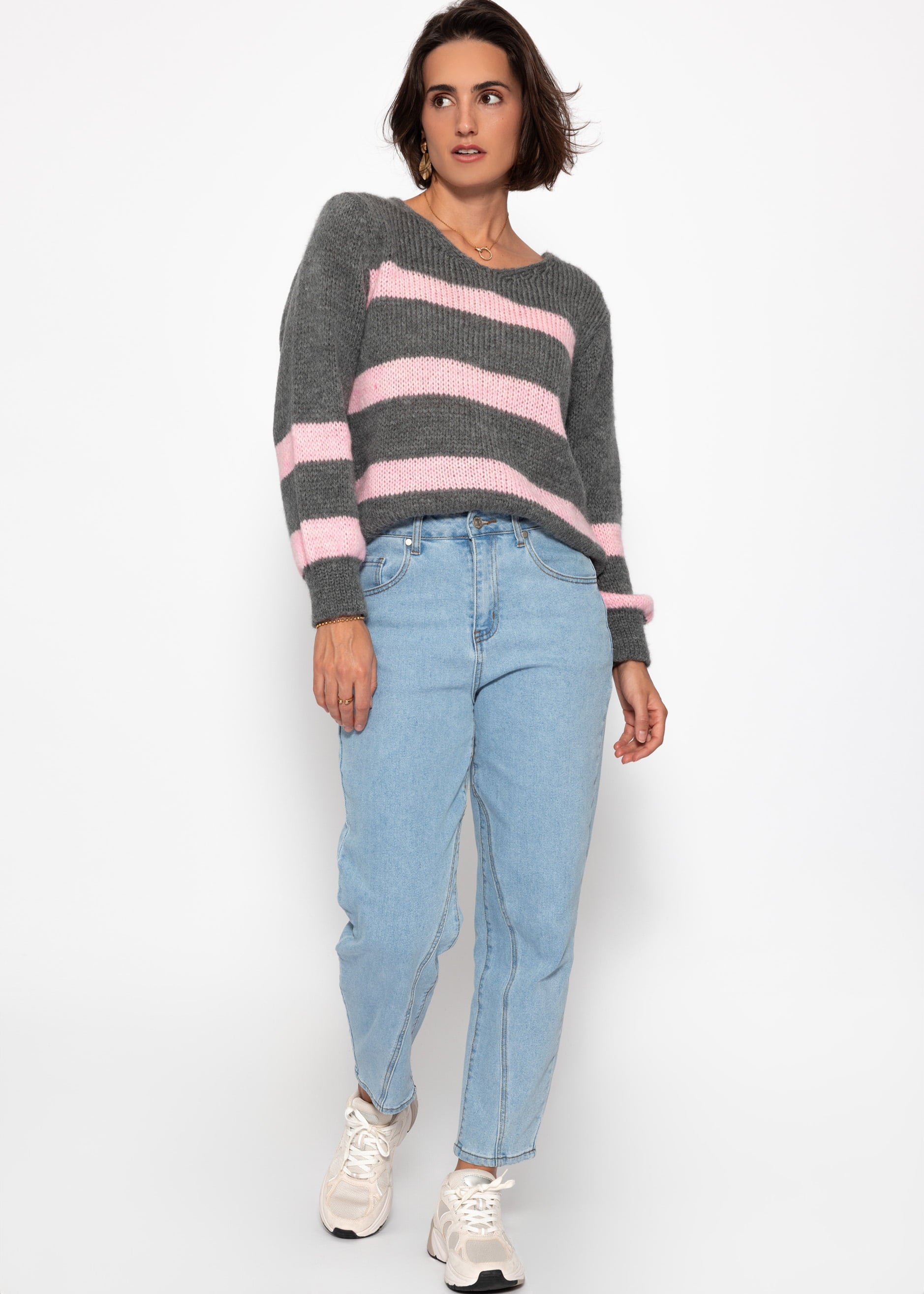 Pullover mit rosa Streifen - grau