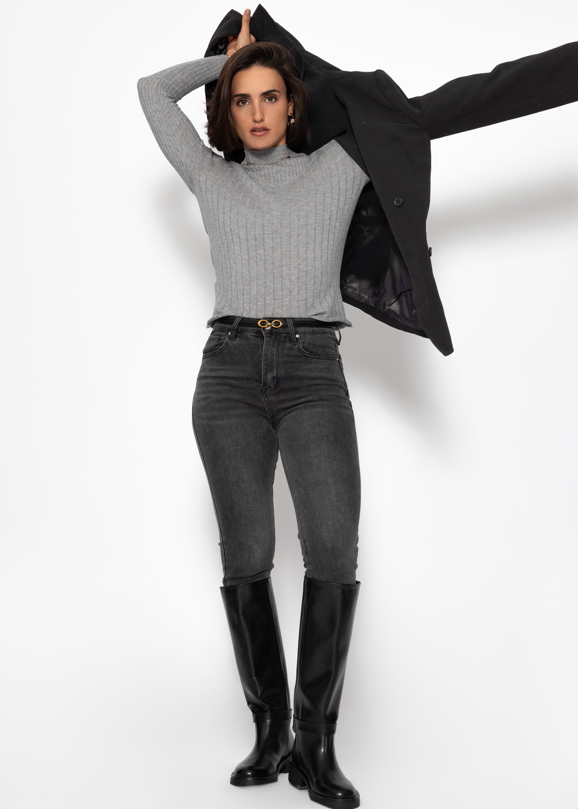 Rippstrickoberteil mit Stehkragen - grau