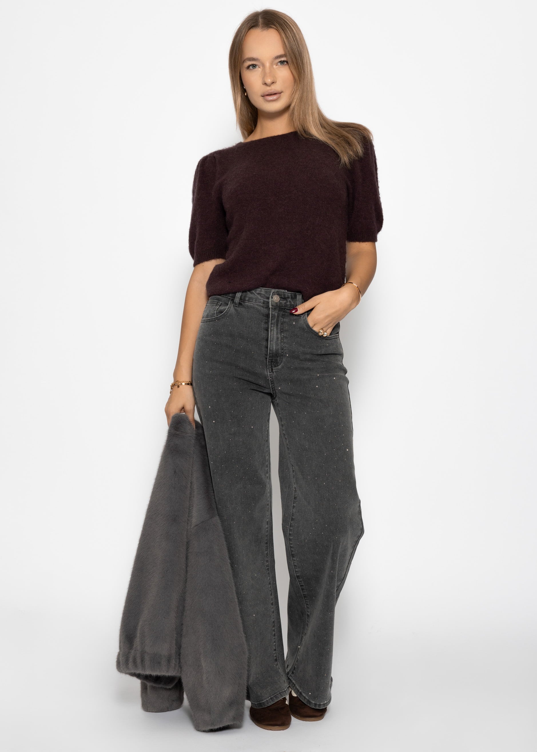 Strickoberteil mit Puffärmeln - aubergine-braun